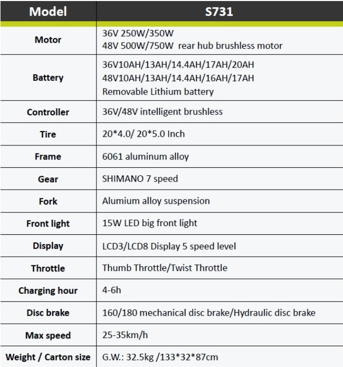 HOTEBIKE S731M – 20" Folding Fat Tire Electric Bike