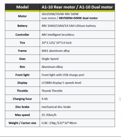 A1-10 Ultimate Commuter Scooter – Dual 48V 500W Motors for Unmatched Power and Performance