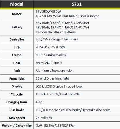 HOTEBIKE S731M – 20" Folding Fat Tire Electric Bike