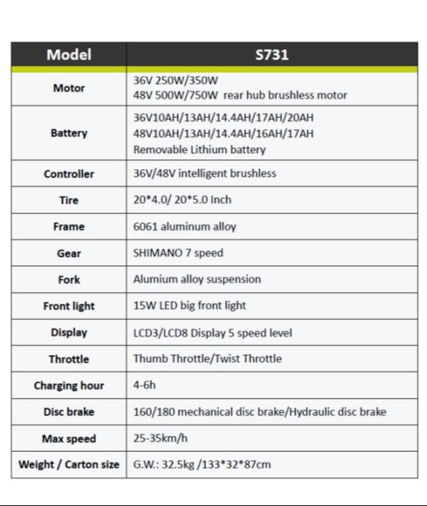 HOTEBIKE S731- 20 Inch Fat Tire Electric Bike – 350W/500W Motor, 48V Battery