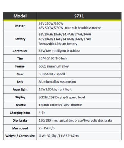 HOTEBIKE S731- 20 Inch Fat Tire Electric Bike – 350W/500W Motor, 48V Battery
