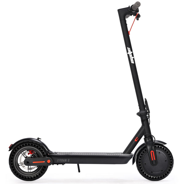 ALPHA Urban 8 Electric Scooter in black, featuring an 8.5-inch wheel, suspension, and sleek design for commuting.