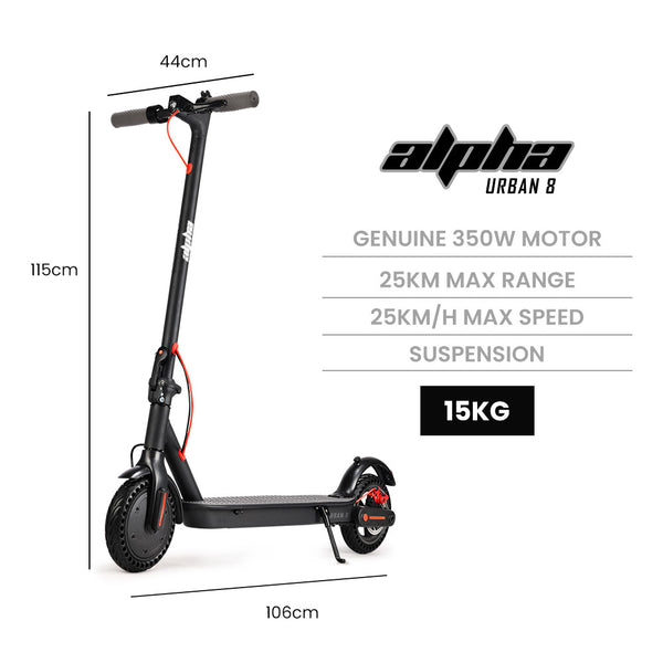 ALPHA Urban 8 Electric Scooter specs, 350W motor, 25km range, light 15kg, designed for commuting.